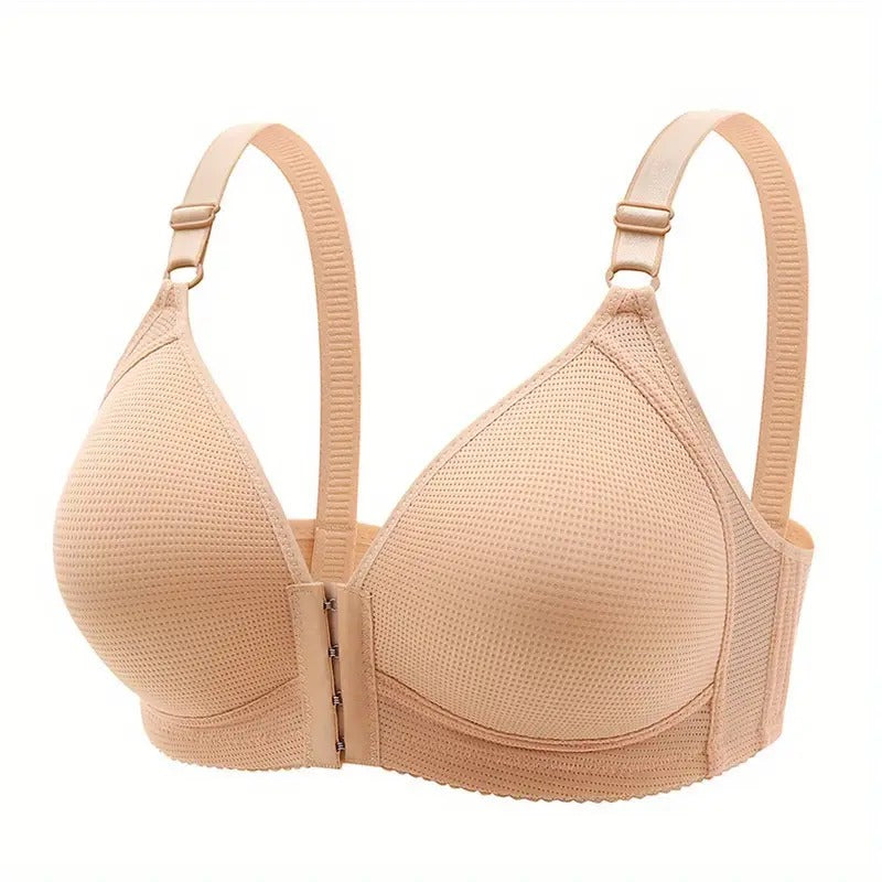 Front button gathering seamless underwire bra